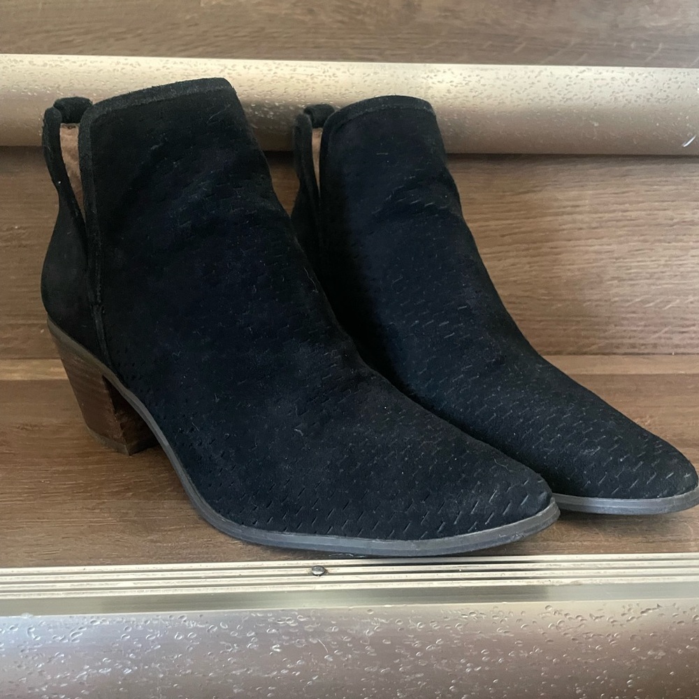 Black Suede Ankle Booties with Stacked Heel